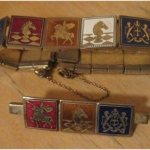 Mid-century Heraldic Knight Coat of Arms Crest Shield Horse Lion Enamel Bracelet